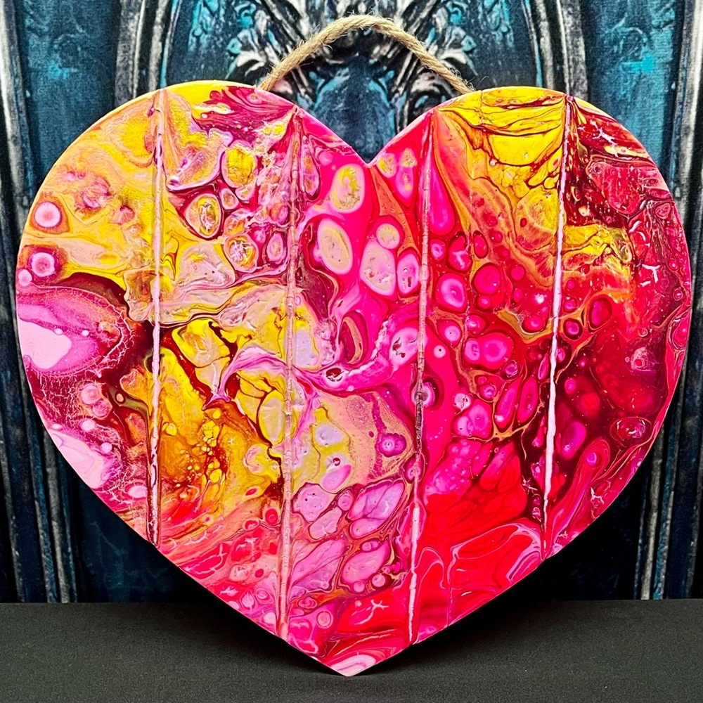 Vibrant Paint Pour Heart-Shaped Abstract Art Piece